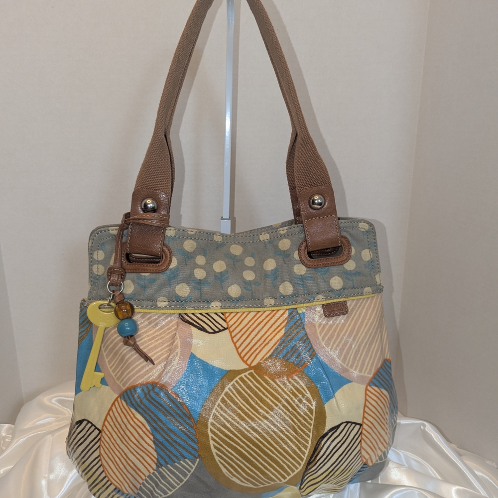 Fossil Brown and Blue Shoulder Bag with Leather Trim